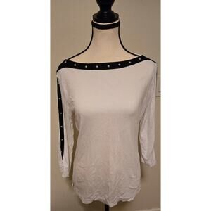 Karen Scott White Long Sleeve boat Neck Top with Black Studded Lining